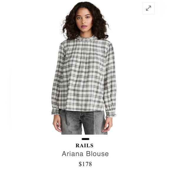 Rails Women's Plaid Ruffle Neck Blouse Ivory Onyx Size M Long Sleeve - Picture 2 of 8